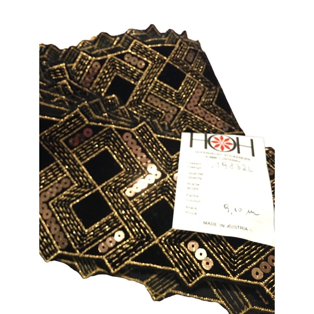 Couture Black Gold Embroidered Sequin Velvet Trim Austrian 80s Vintage